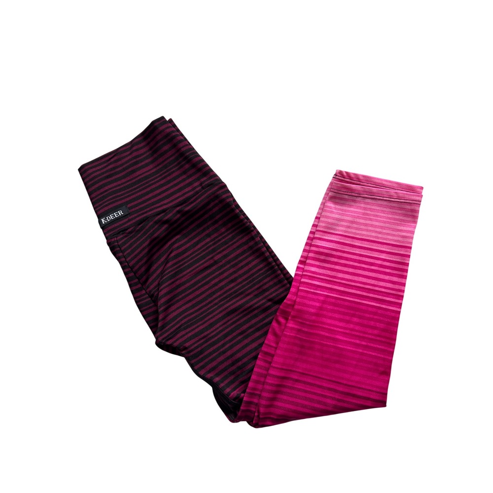 K-DEER Women Pink Burgundy Ombre Stripe High Waist Capri Leggings Size L